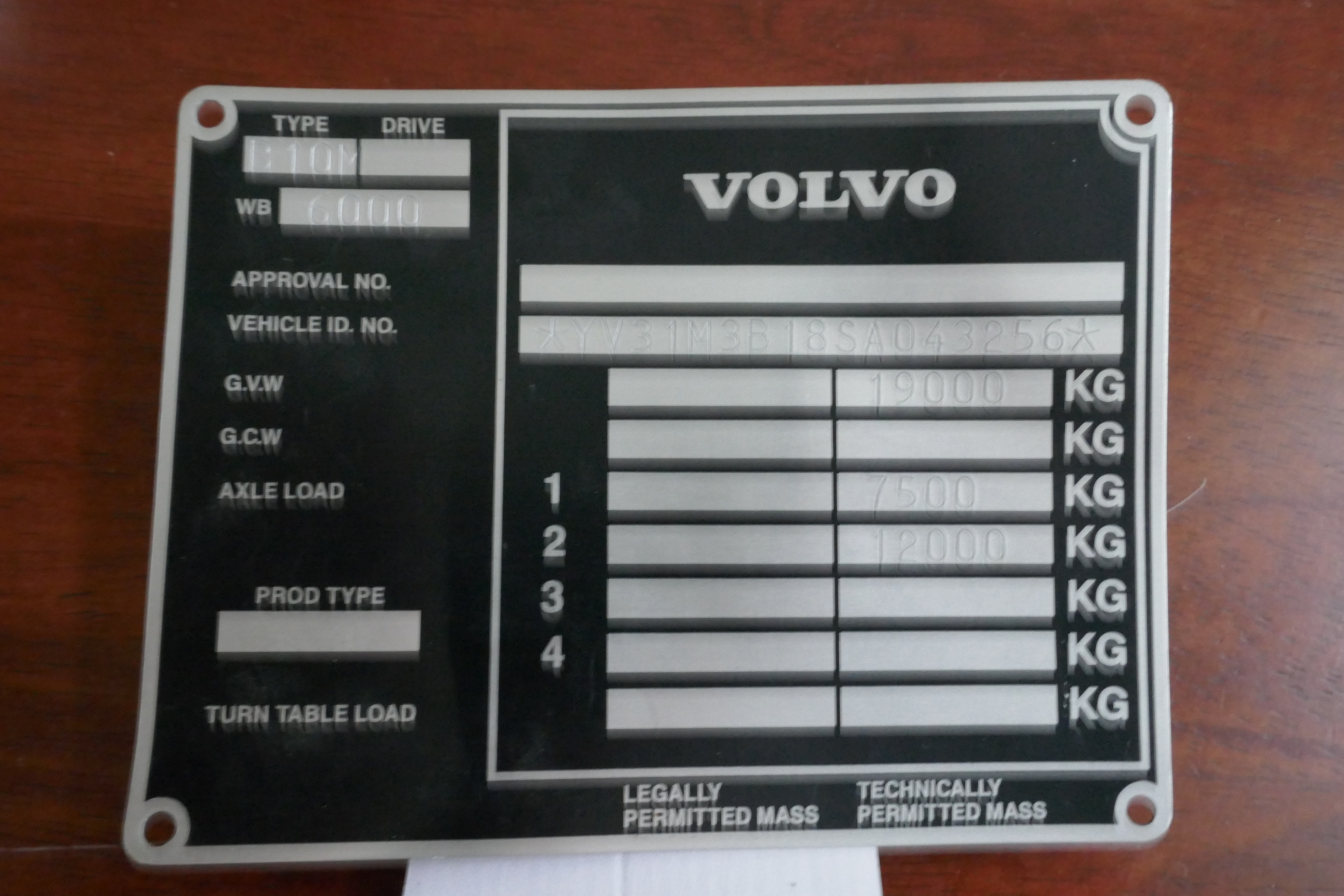Volvo Bus chassis plate