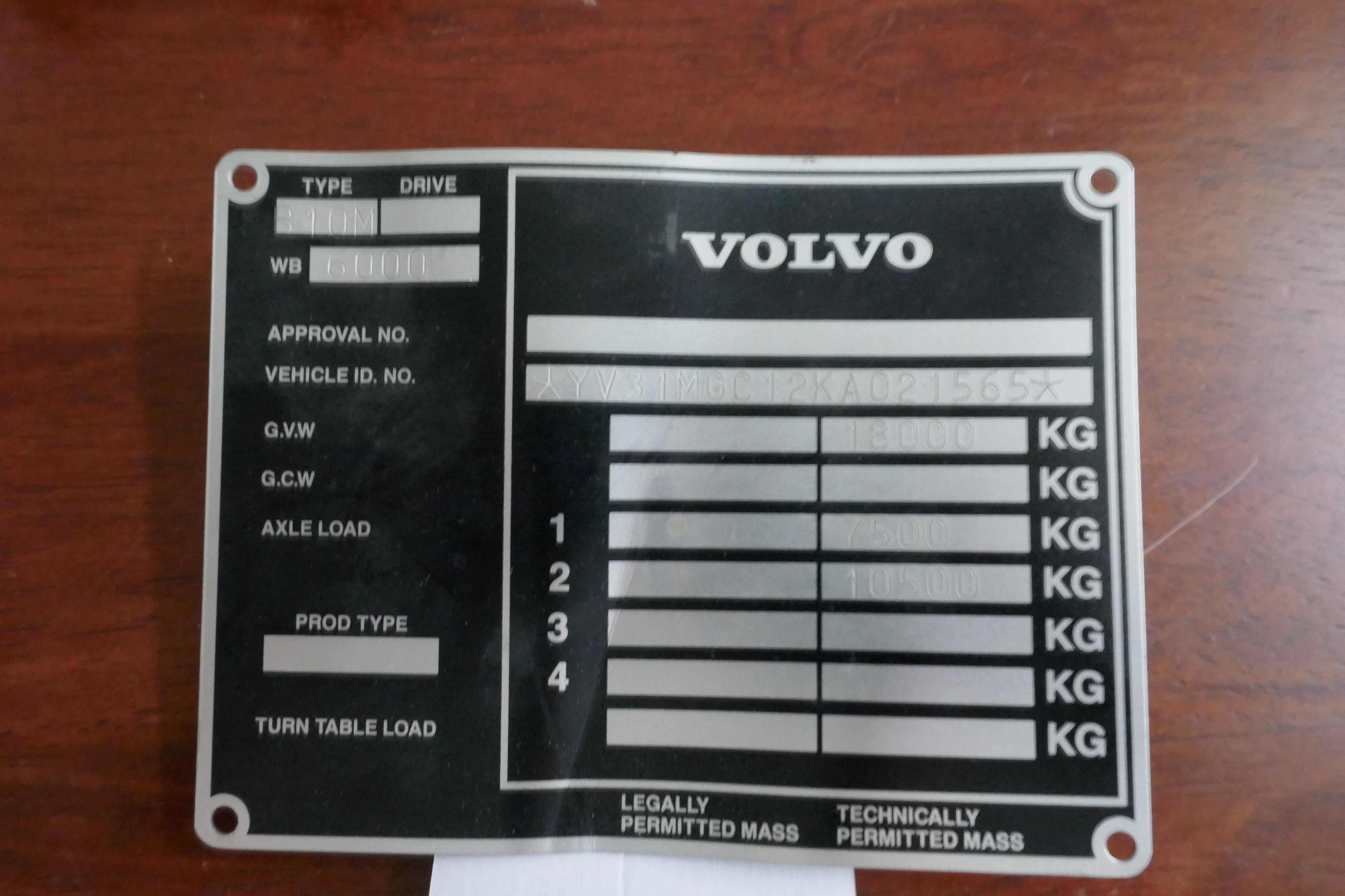 Volvo Bus chassis plate